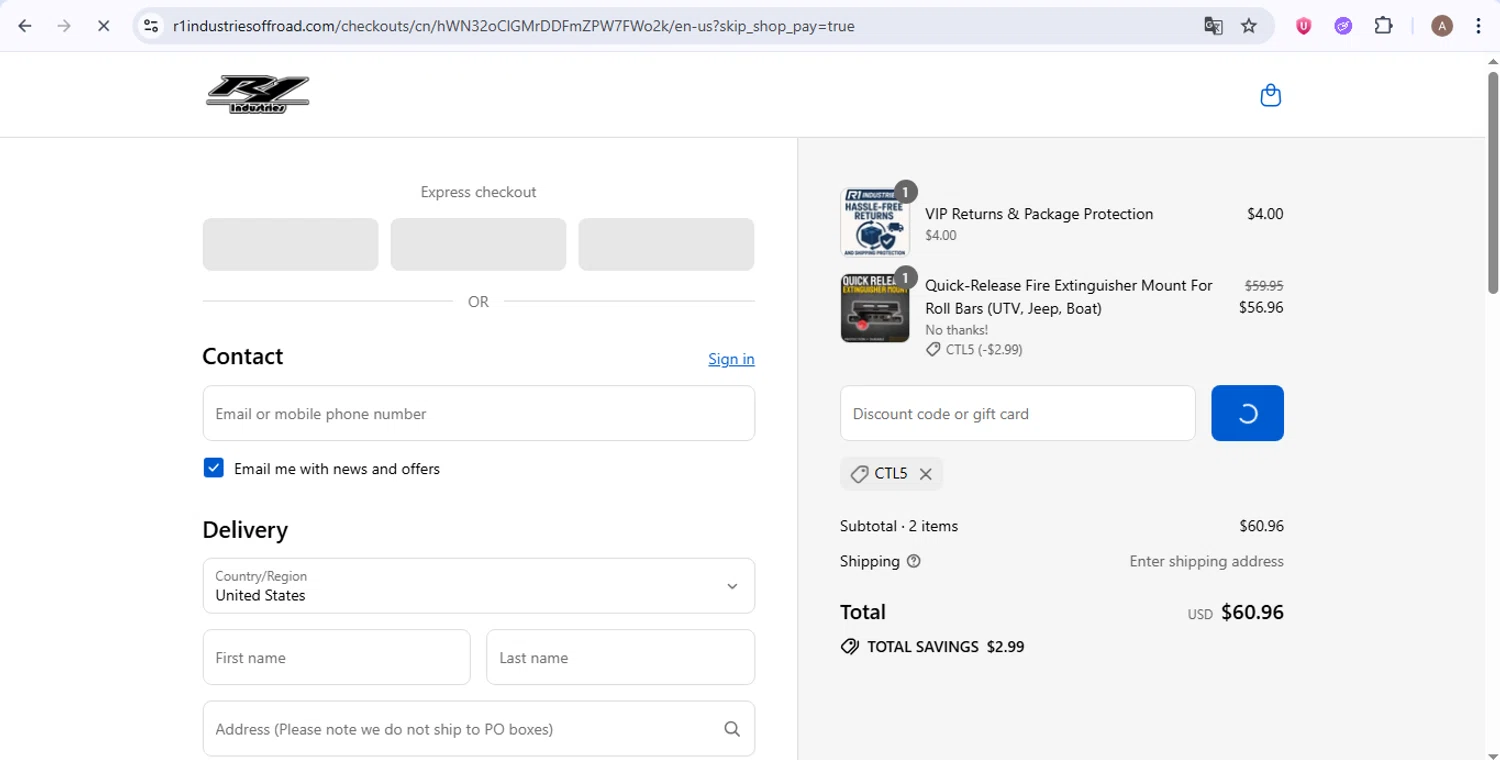 R1 Industries discount code screenshot showing code CTL5 applied at R1 Industries checkout page. Uploaded by SimplyCodes community member GoldRanger7896 on Sep 16, 2025