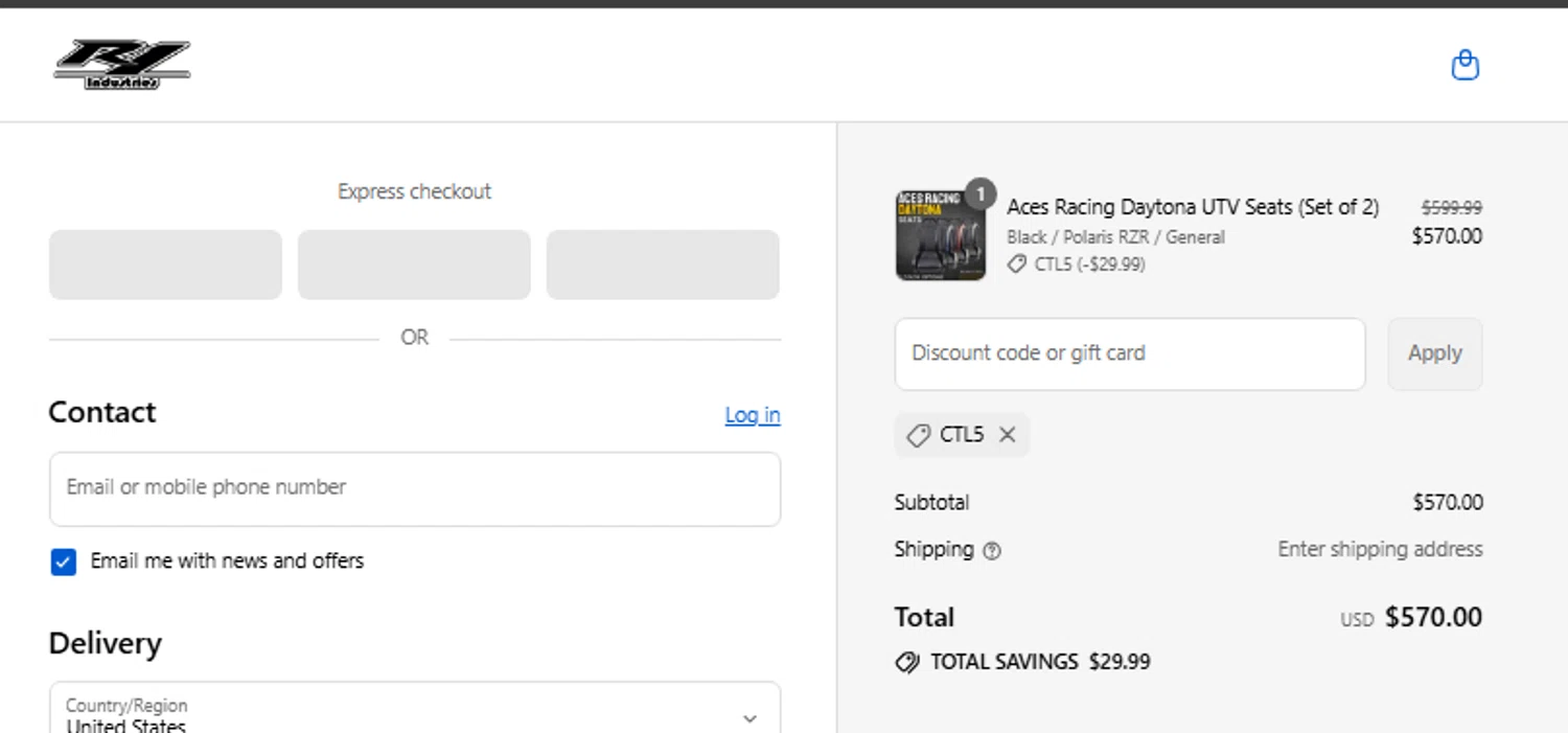 R1 Industries discount code screenshot showing code CTL5 applied at R1 Industries checkout page. Uploaded by SimplyCodes community member couponcheck02 on Aug 22, 2025