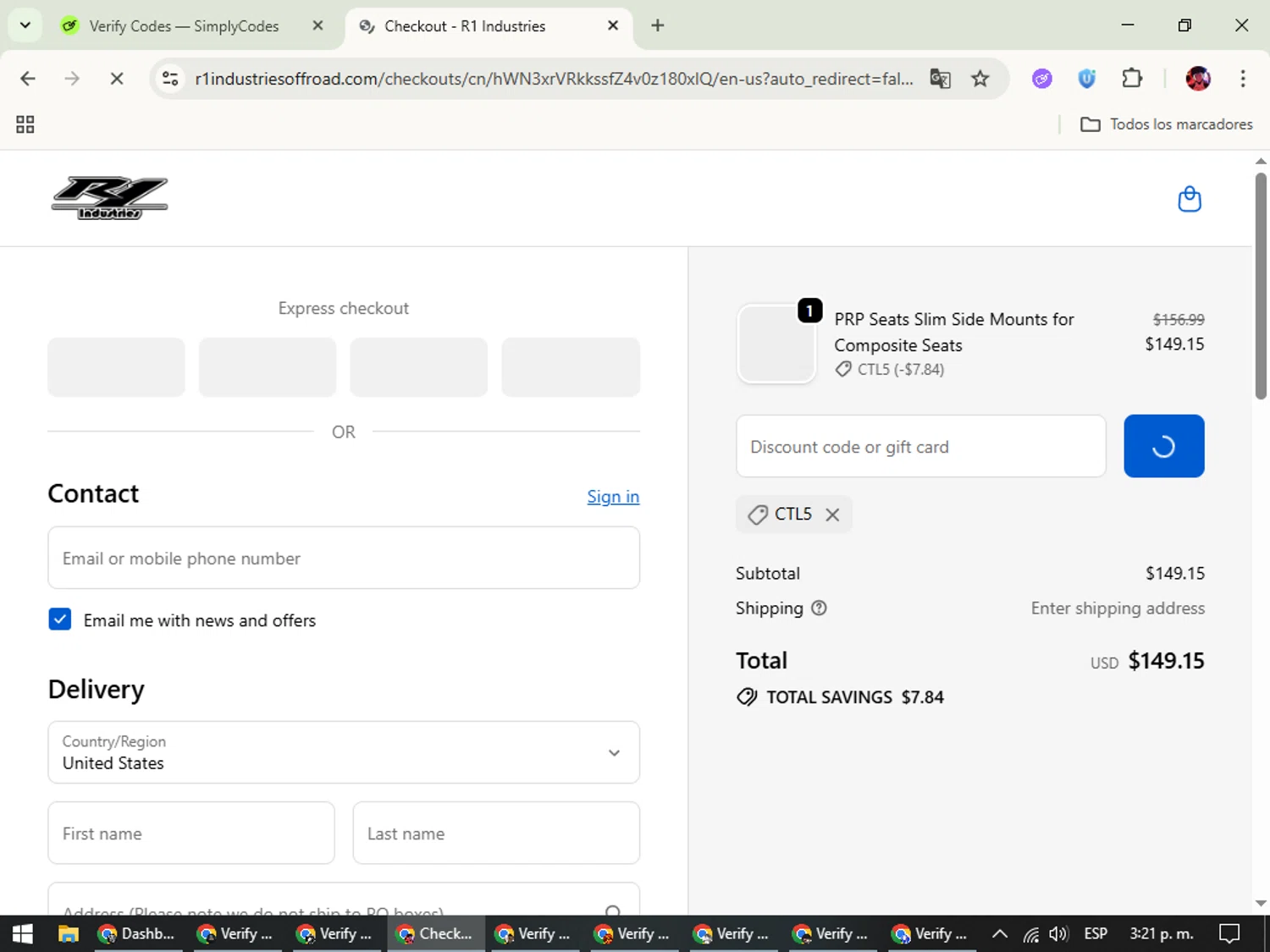 R1 Industries discount code screenshot showing code CTL5 applied at R1 Industries checkout page. Uploaded by SimplyCodes community member SavingsEagle5772 on Oct 10, 2025