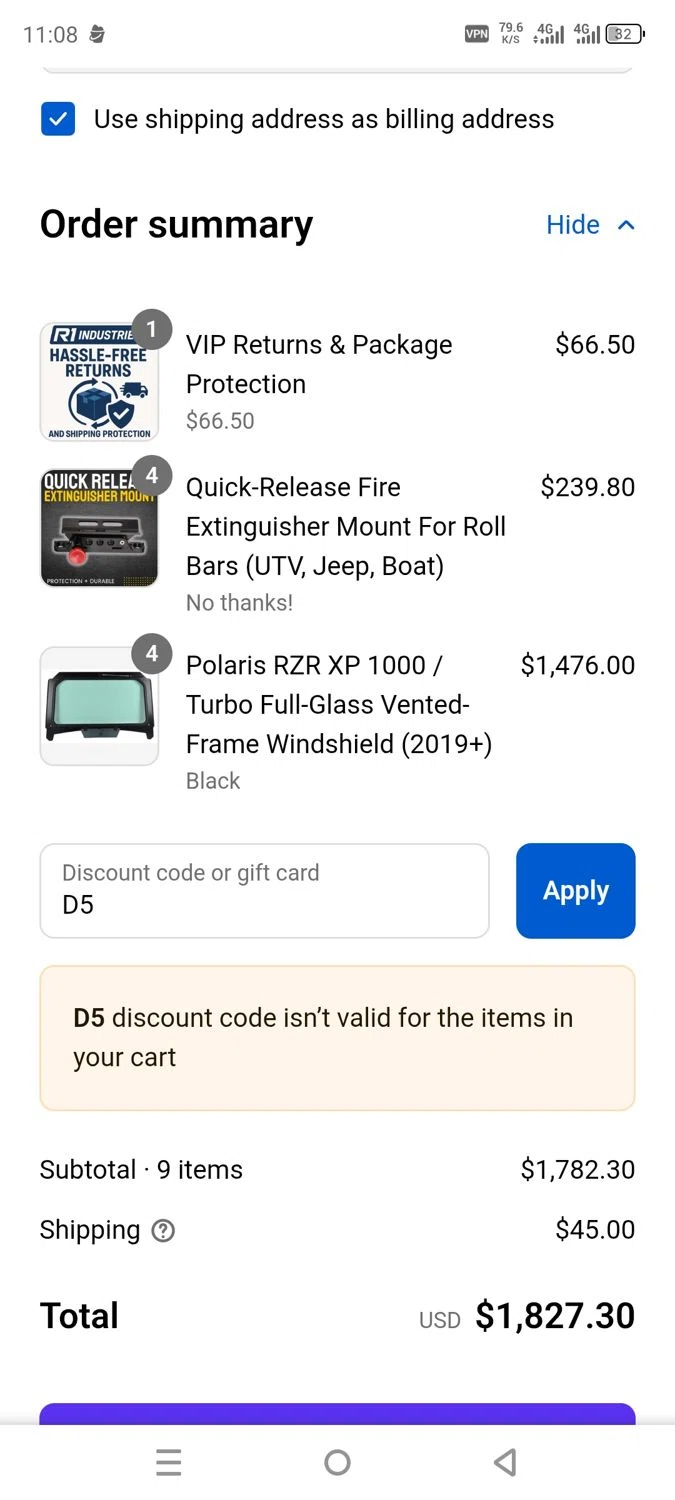 R1 Industries discount code screenshot showing code D5 applied at R1 Industries checkout page. Uploaded by SimplyCodes community member dayselis15 on Sep 16, 2025