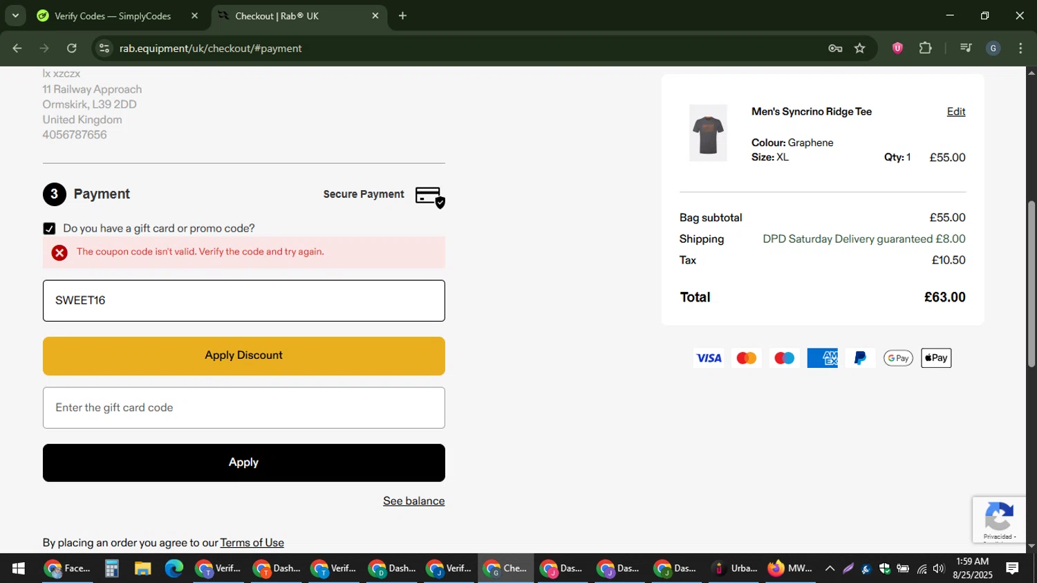 Rab discount code screenshot showing code SWEET16 applied at Rab checkout page. Uploaded by SimplyCodes community member gabinharris55 on Aug 25, 2025