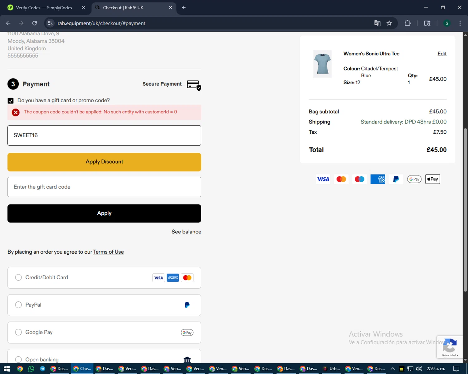 Rab discount code screenshot showing code SWEET16 applied at Rab checkout page. Uploaded by SimplyCodes community member lilMosey on Aug 25, 2025