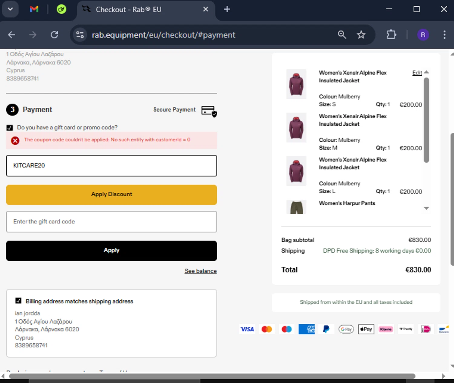 Rab discount code screenshot showing code KITCARE20 applied at Rab checkout page. Uploaded by SimplyCodes community member CashCollector4199 on Mar 16, 2025