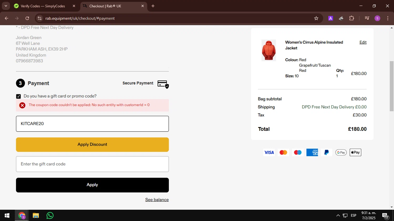 Rab discount code screenshot showing code KITCARE20 applied at Rab checkout page. Uploaded by SimplyCodes community member AbusaGordas on Feb 7, 2025