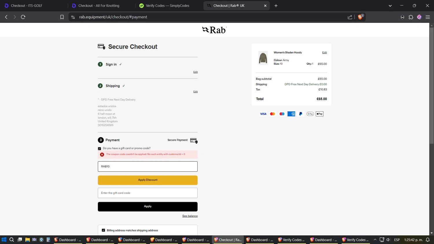 Rab discount code screenshot showing code RAB10 applied at Rab checkout page. Uploaded by SimplyCodes community member Phoenix on Mar 11, 2025