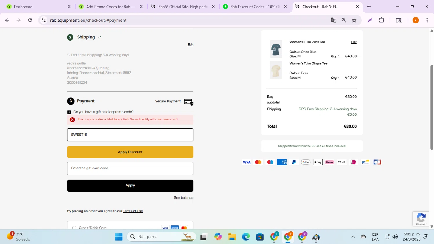 Rab discount code screenshot showing code SWEET16 applied at Rab checkout page. Uploaded by SimplyCodes community member ycg487 on Aug 24, 2025