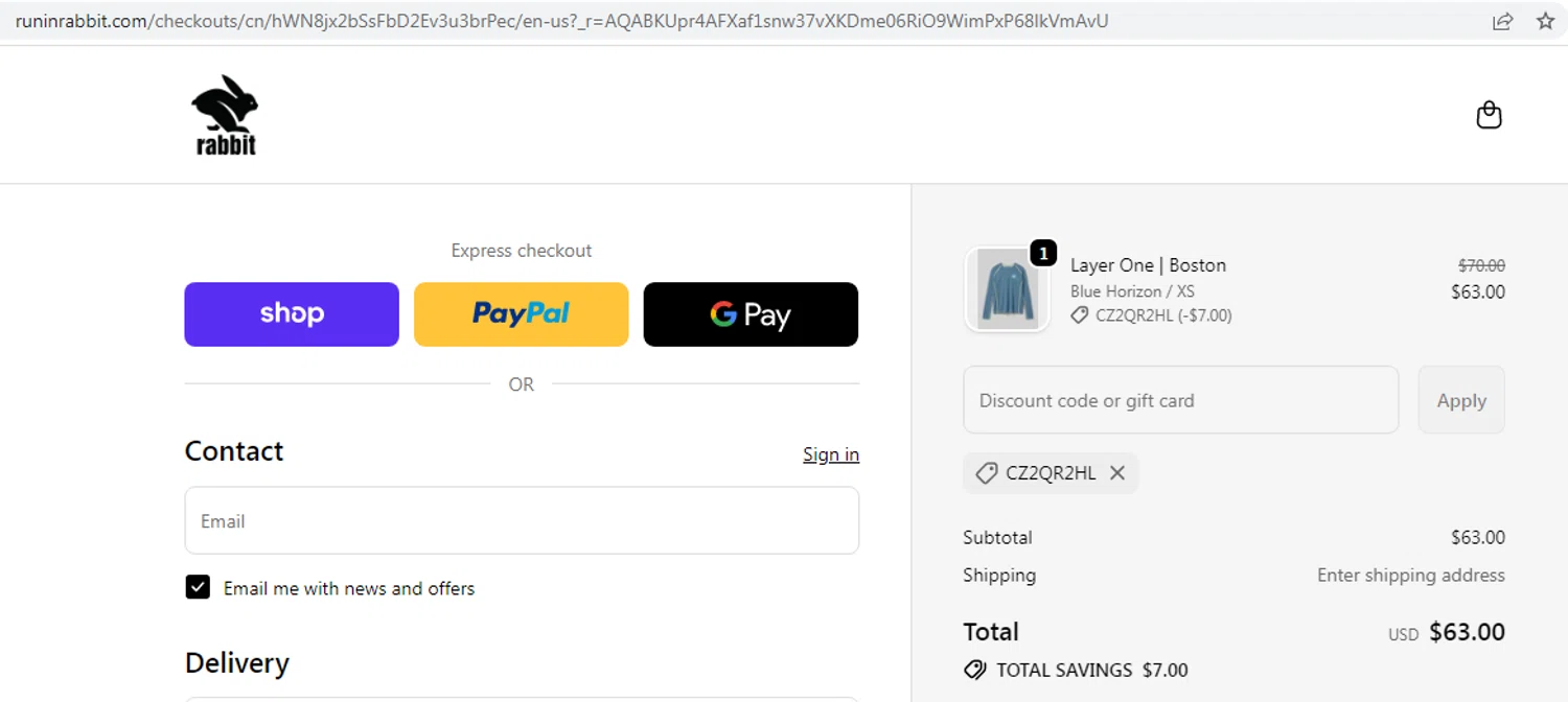 Rabbit promo code screenshot showing code CZ2QR2HL applied at Rabbit checkout page. Uploaded by SimplyCodes community member EMILIANOMASABE on Feb 13, 2026