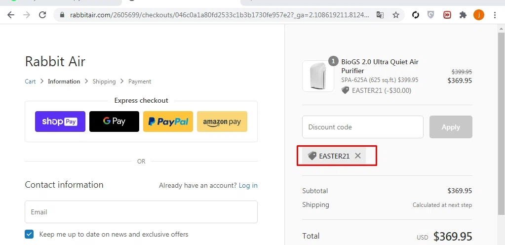 RabbitAir checkout page showing RabbitAir discount code box | Screenshot taken by SimplyCodes community member on Apr 1, 2021