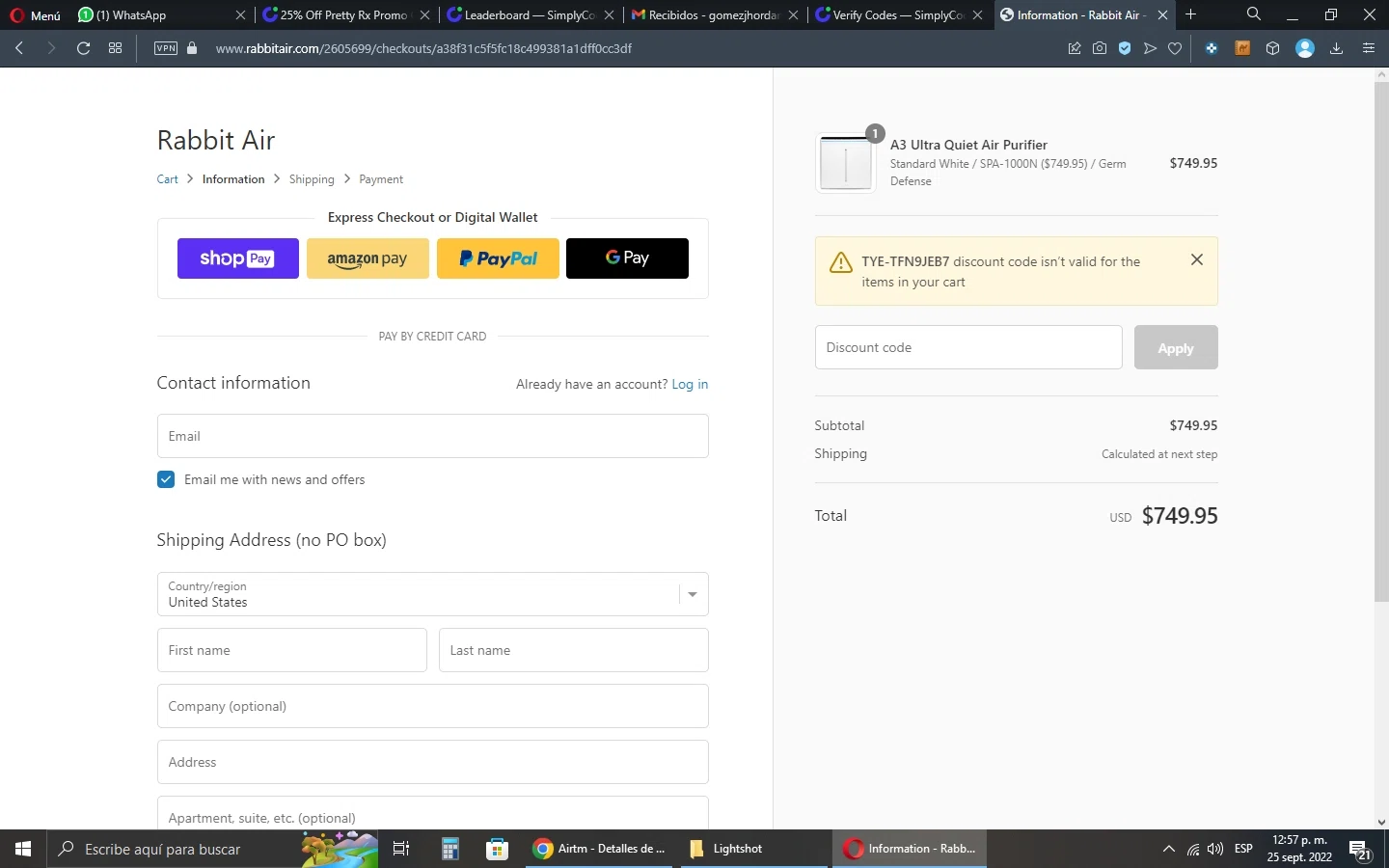 RabbitAir checkout page showing RabbitAir discount code box | Screenshot taken by SimplyCodes community member on Sep 25, 2022