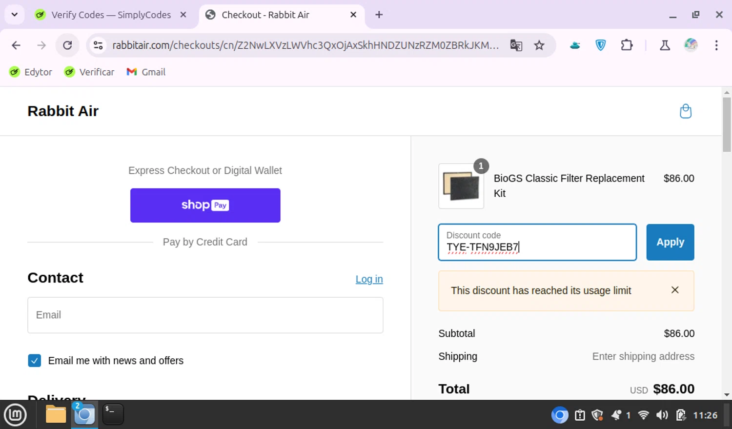 RabbitAir discount code screenshot showing code TYE-TFN9JEB7 applied at RabbitAir checkout page. Uploaded by SimplyCodes community member KittyX on Jan 13, 2025