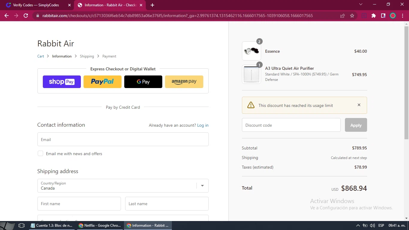 RabbitAir checkout page showing RabbitAir discount code box | Screenshot taken by SimplyCodes community member on Oct 18, 2022