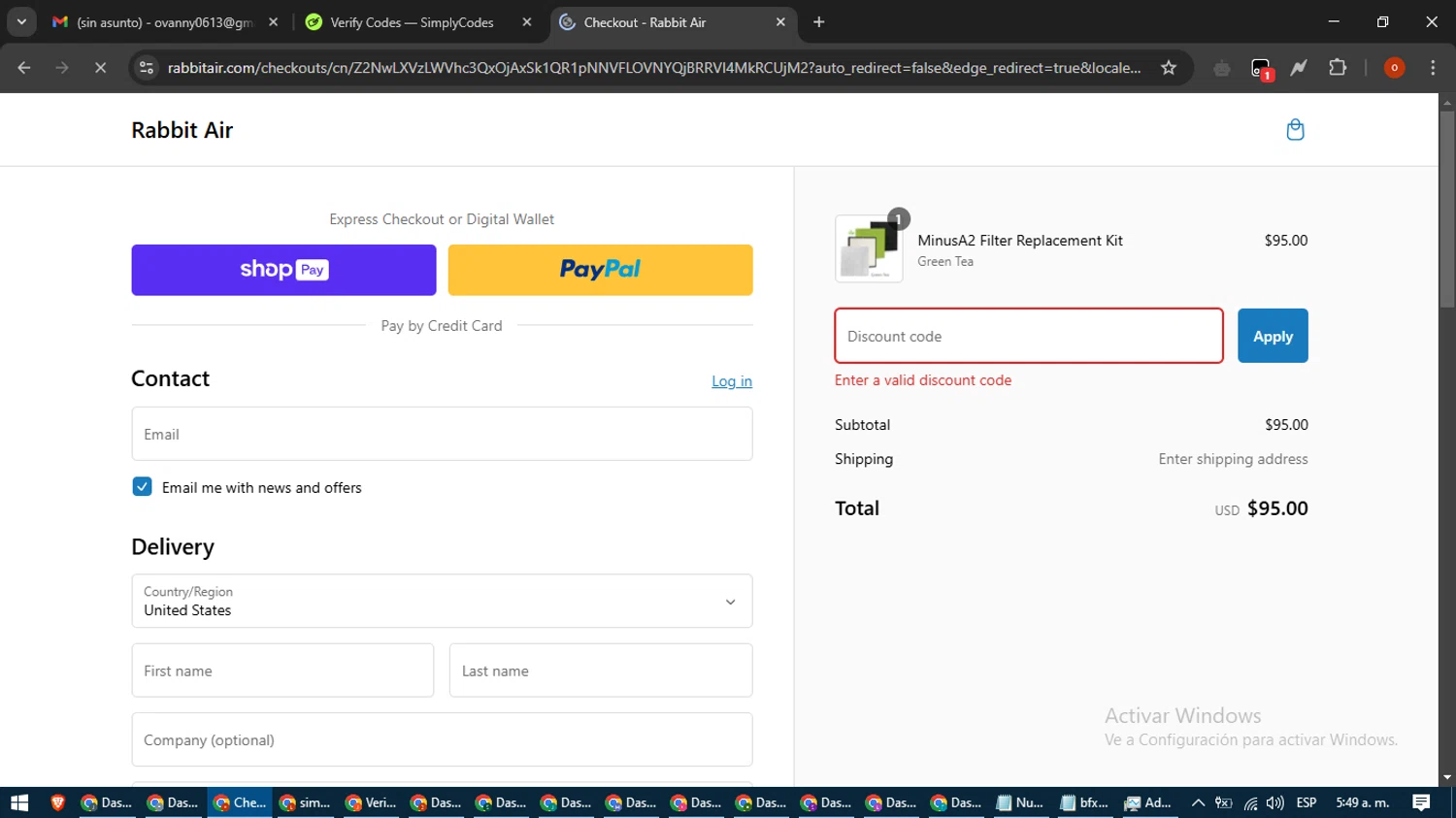 RabbitAir discount code screenshot showing code SUB22 applied at RabbitAir checkout page. Uploaded by SimplyCodes community member WiseTracker2171 on Feb 22, 2025