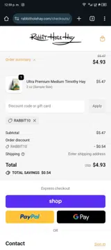 Rabbit Hole Hay coupon verification screenshot