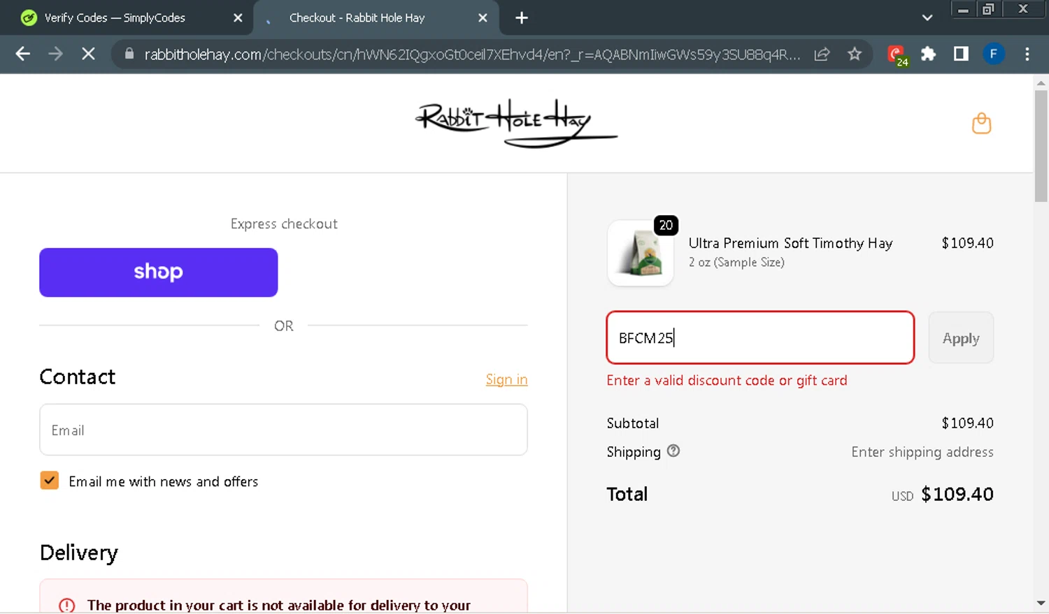 Rabbit Hole Hay promo code screenshot showing code BFCM25 applied at Rabbit Hole Hay checkout page. Uploaded by SimplyCodes community member Fraimer on Dec 4, 2025