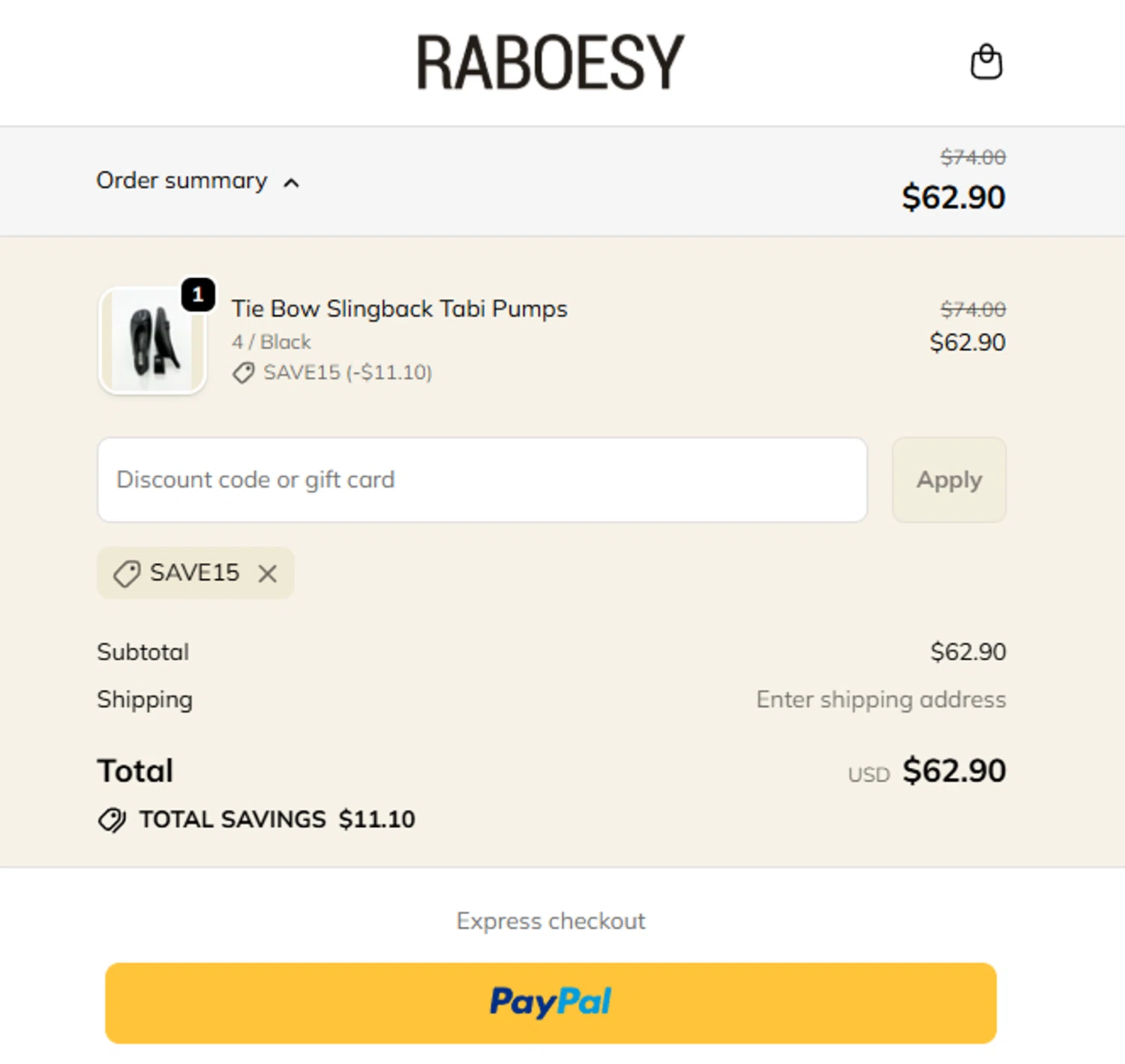 Raboesy discount code screenshot showing code SAVE15 applied at Raboesy checkout page. Uploaded by SimplyCodes community member ElAuronPlay on Oct 29, 2025