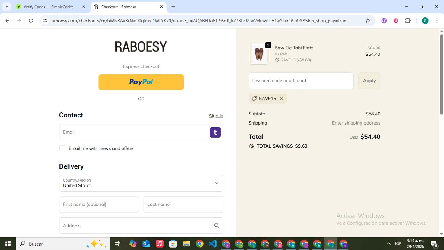 Raboesy discount code screenshot showing code SAVE15 applied at Raboesy checkout page. Uploaded by SimplyCodes community member VictoriousPilot5281 on Jan 29, 2026