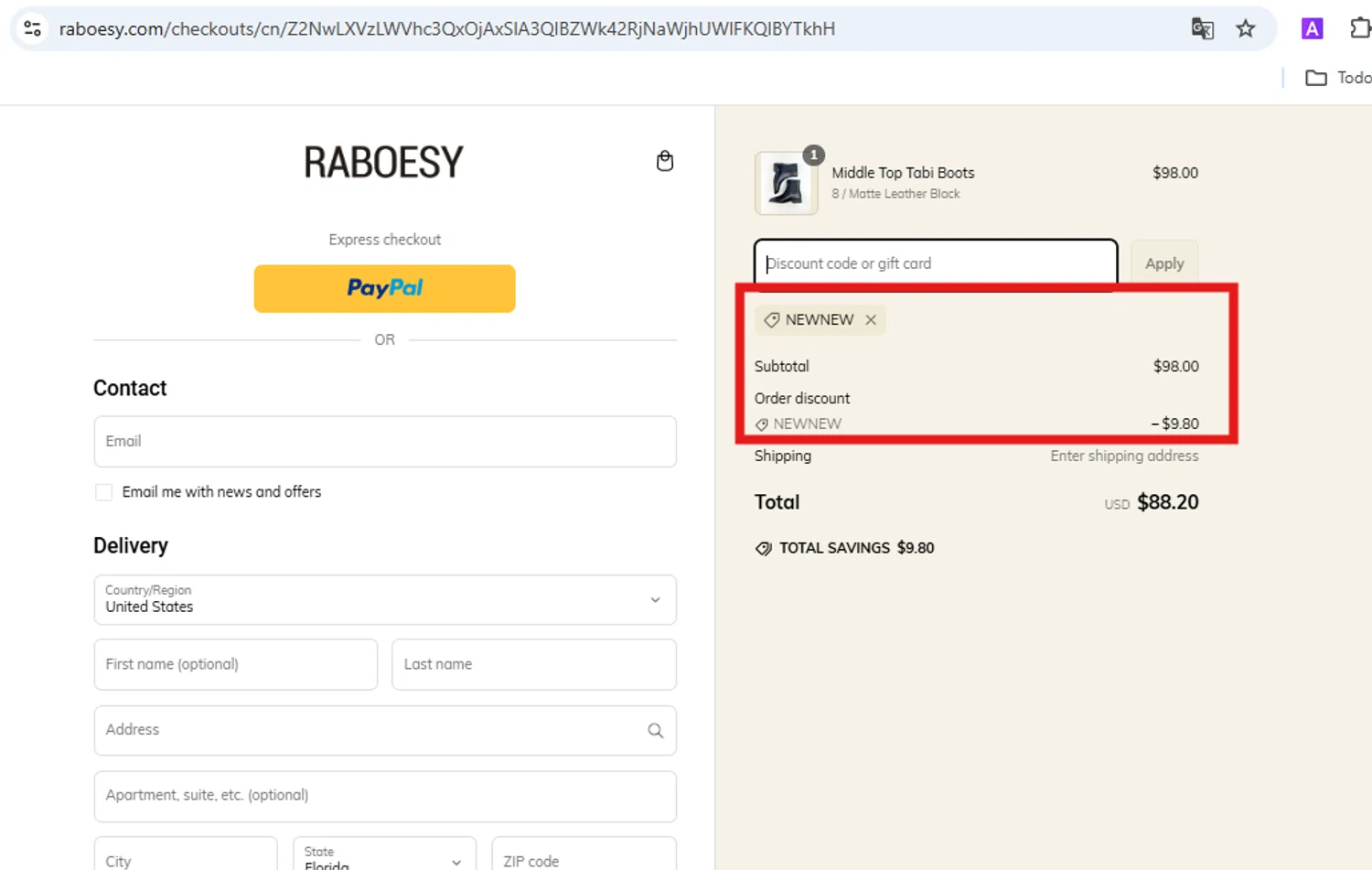 Raboesy discount code screenshot showing code NEWNEW applied at Raboesy checkout page. Uploaded by SimplyCodes community member NarkisOlivo on Mar 13, 2025