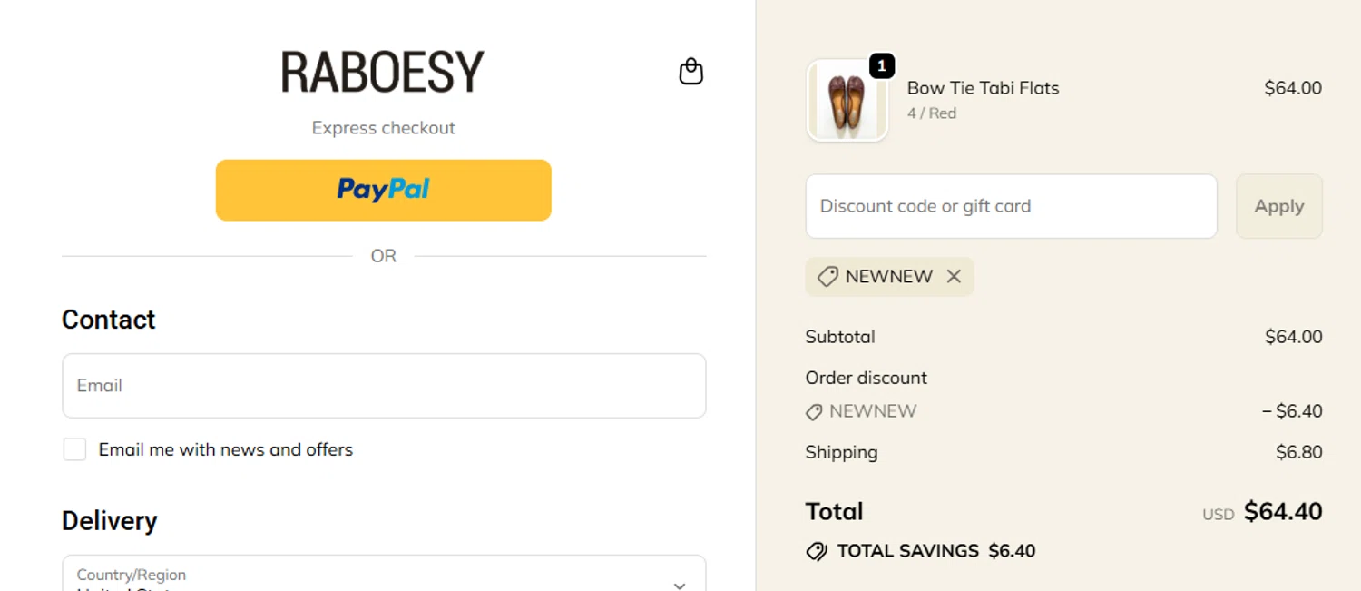 Raboesy discount code screenshot showing code NEWNEW applied at Raboesy checkout page. Uploaded by SimplyCodes community member leiraM on Sep 23, 2025