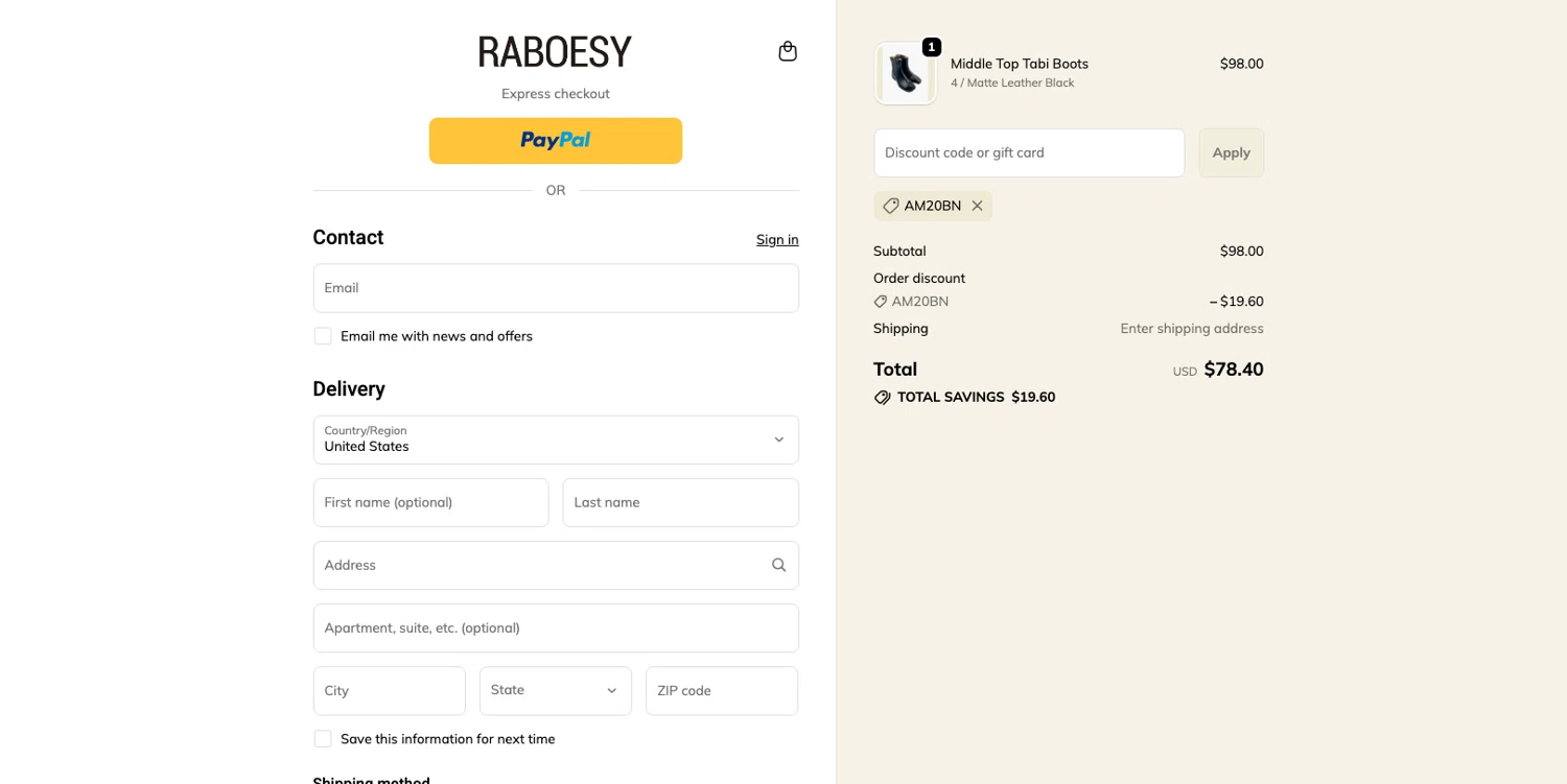 Raboesy discount code screenshot showing code AM20BN applied at Raboesy checkout page. Uploaded by SimplyCodes community member ELOIN777 on Feb 4, 2026