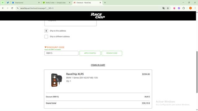 Racechip checkout page showing Racechip discount code box | Screenshot taken by SimplyCodes community member on Sep 15, 2025