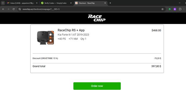 Racechip checkout page showing Racechip discount code box | Screenshot taken by SimplyCodes community member on Sep 15, 2025