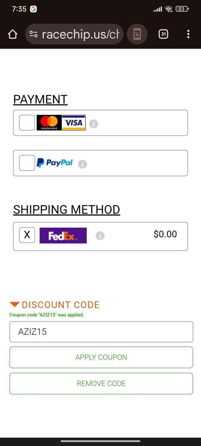 Racechip checkout page showing Racechip discount code box | Screenshot taken by SimplyCodes community member on Aug 11, 2025