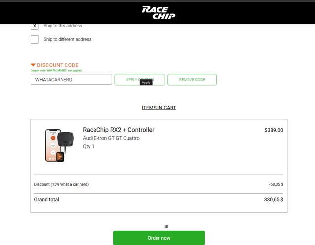 Racechip checkout page showing Racechip discount code box | Screenshot taken by SimplyCodes community member on Jul 29, 2025