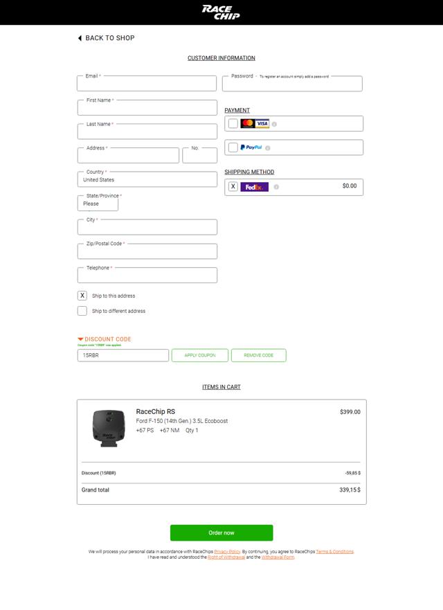 Racechip checkout page showing Racechip discount code box | Screenshot taken by SimplyCodes community member on Jul 29, 2025