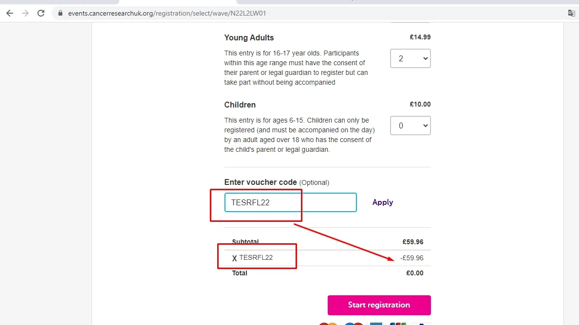 Race for Life checkout page showing Race for Life promo code box | Screenshot taken by SimplyCodes community member on May 1, 2022