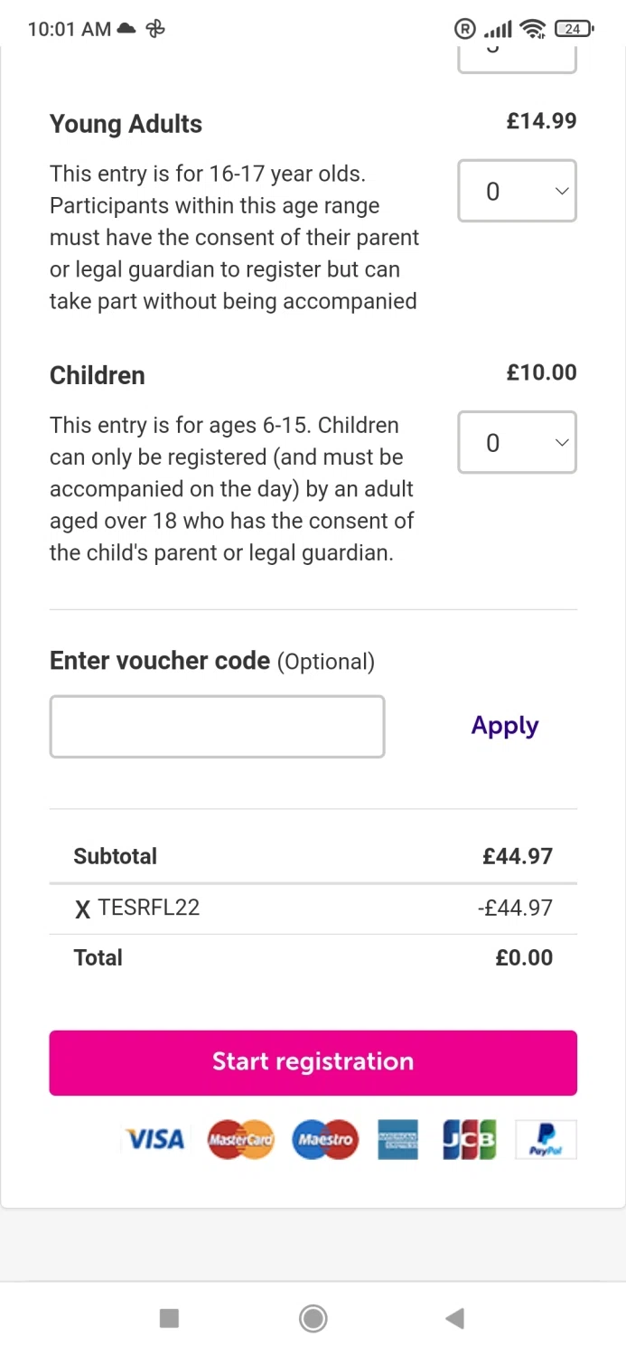 Race for Life checkout page showing Race for Life promo code box | Screenshot taken by SimplyCodes community member on Jun 2, 2022