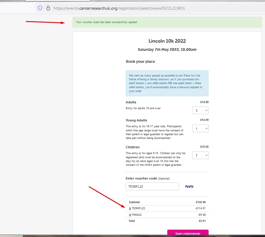 Race for Life checkout page showing Race for Life promo code box | Screenshot taken by SimplyCodes community member on Mar 30, 2022