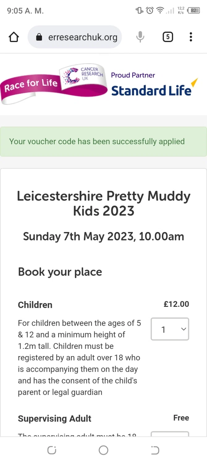 Race for Life checkout page showing Race for Life promo code box | Screenshot taken by SimplyCodes community member on Apr 9, 2023