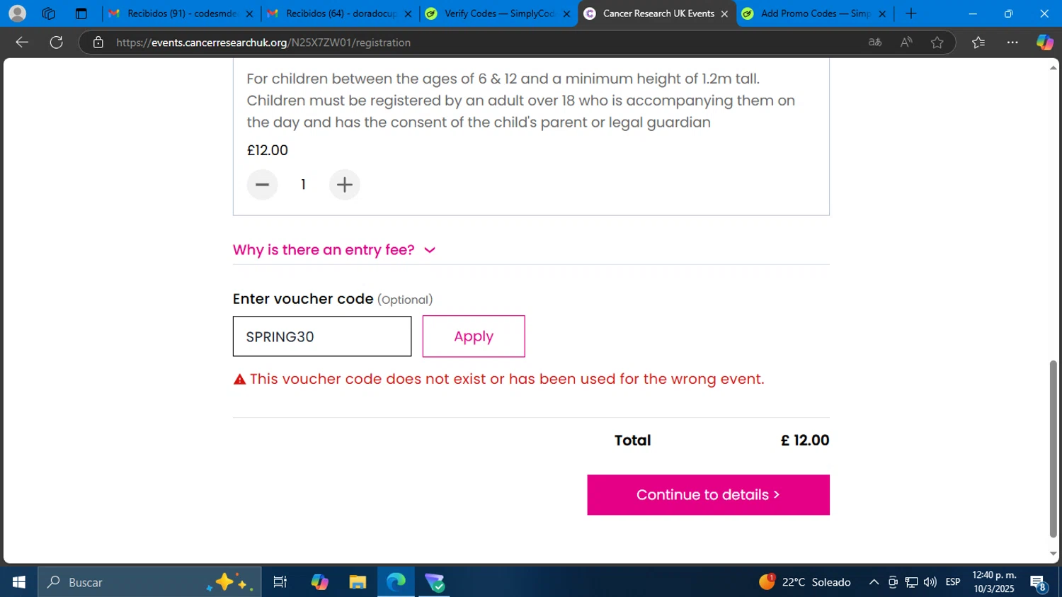 Race for Life promo code screenshot showing code SPRING30 applied at Race for Life checkout page. Uploaded by SimplyCodes community member Mdeoca on Mar 10, 2025