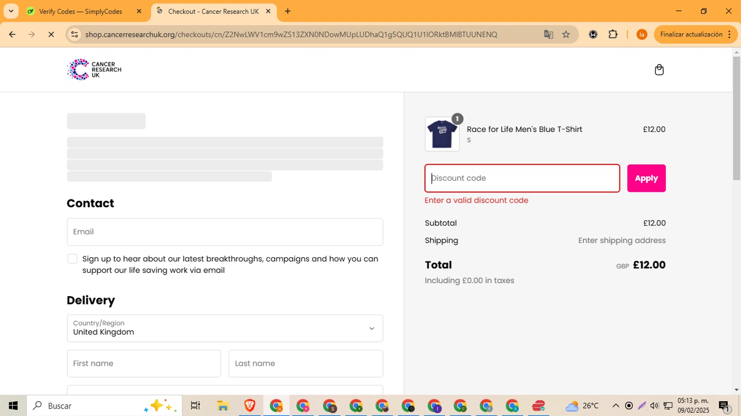 Race for Life promo code screenshot showing code RUN5023 applied at Race for Life checkout page. Uploaded by SimplyCodes community member LegendaryFox4384 on Feb 9, 2025