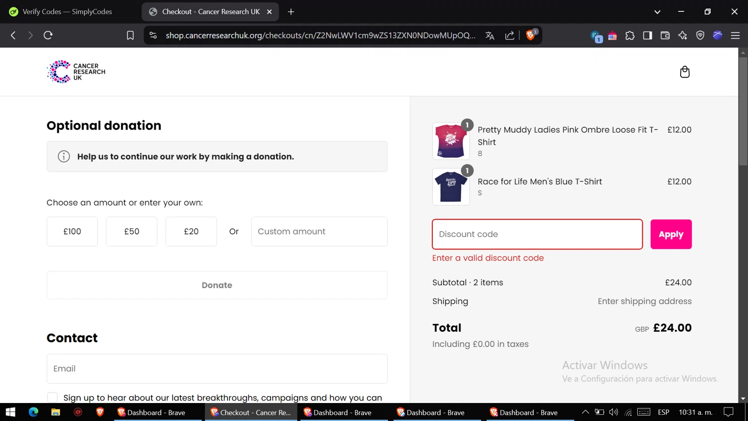 Race for Life promo code screenshot showing code RACE24NY applied at Race for Life checkout page. Uploaded by SimplyCodes community member CoinVirtuoso9916 on Mar 2, 2025