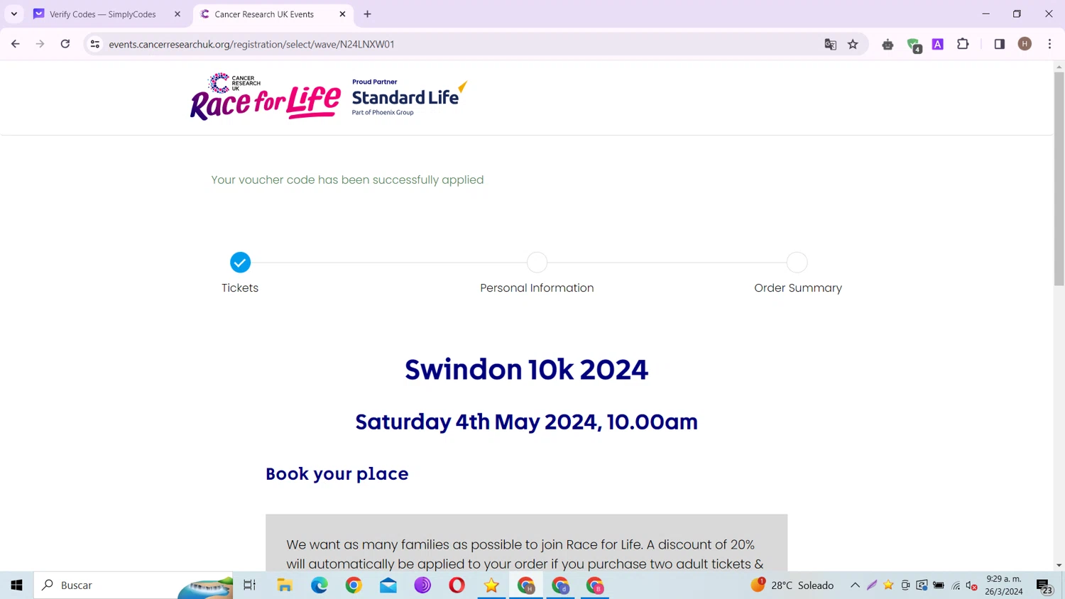 Race for Life checkout page showing Race for Life promo code box | Screenshot taken by SimplyCodes community member on Mar 26, 2024