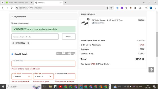 Race Ramps checkout page showing Race Ramps promo code box | Screenshot taken by SimplyCodes community member on Feb 14, 2025
