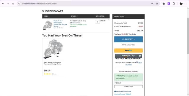 Race Ramps checkout page showing Race Ramps promo code box | Screenshot taken by SimplyCodes community member on Feb 20, 2025