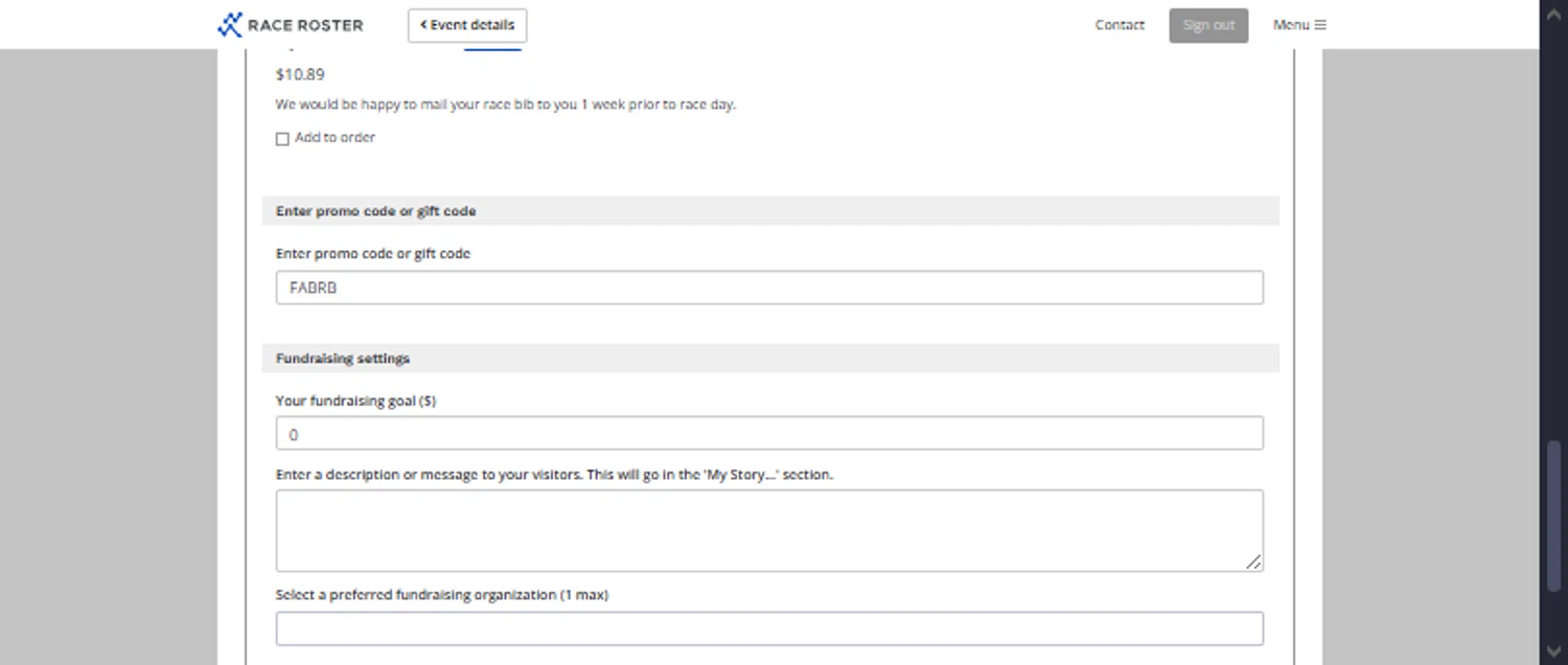 Race Roster promo code screenshot showing code FABRB applied at Race Roster checkout page. Uploaded by SimplyCodes community member TraxoGamer on Dec 21, 2025