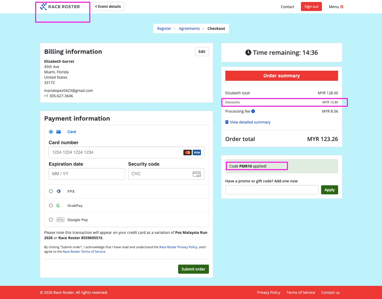 Race Roster promo code screenshot showing code PMR10 applied at Race Roster checkout page. Uploaded by SimplyCodes community member chandlerbing on Jun 12, 2026