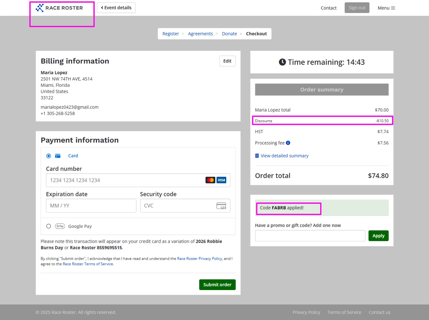 Race Roster promo code screenshot showing code FABRB applied at Race Roster checkout page. Uploaded by SimplyCodes community member mrdarcy on Dec 21, 2025