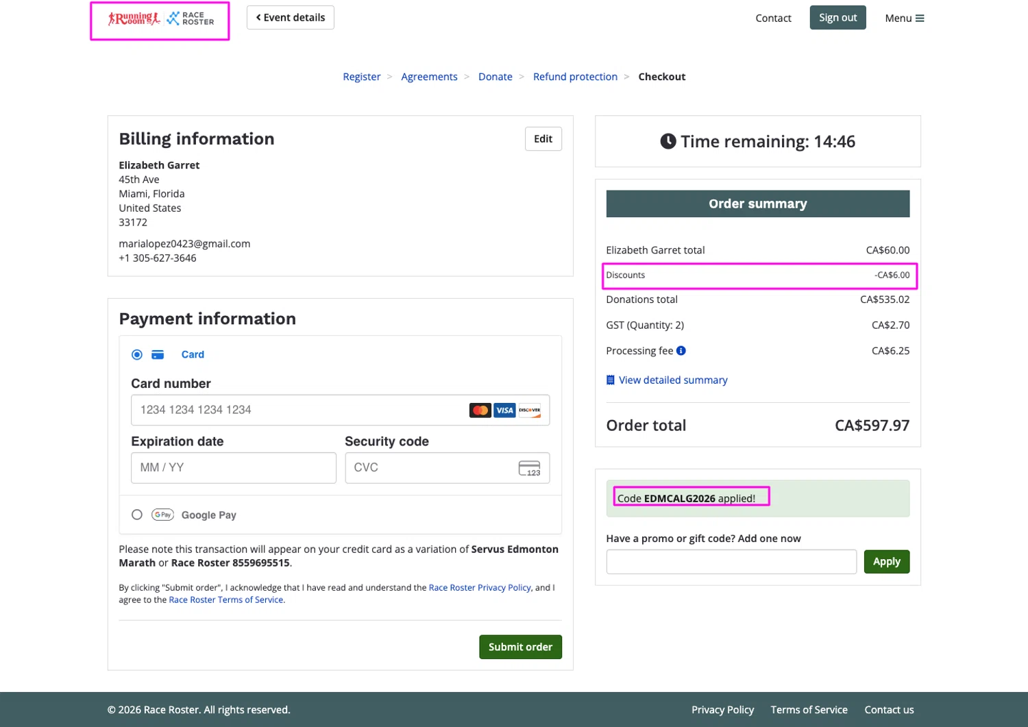 Race Roster promo code screenshot showing code EDMCALG2026 applied at Race Roster checkout page. Uploaded by SimplyCodes community member mrdarcy on May 18, 2026