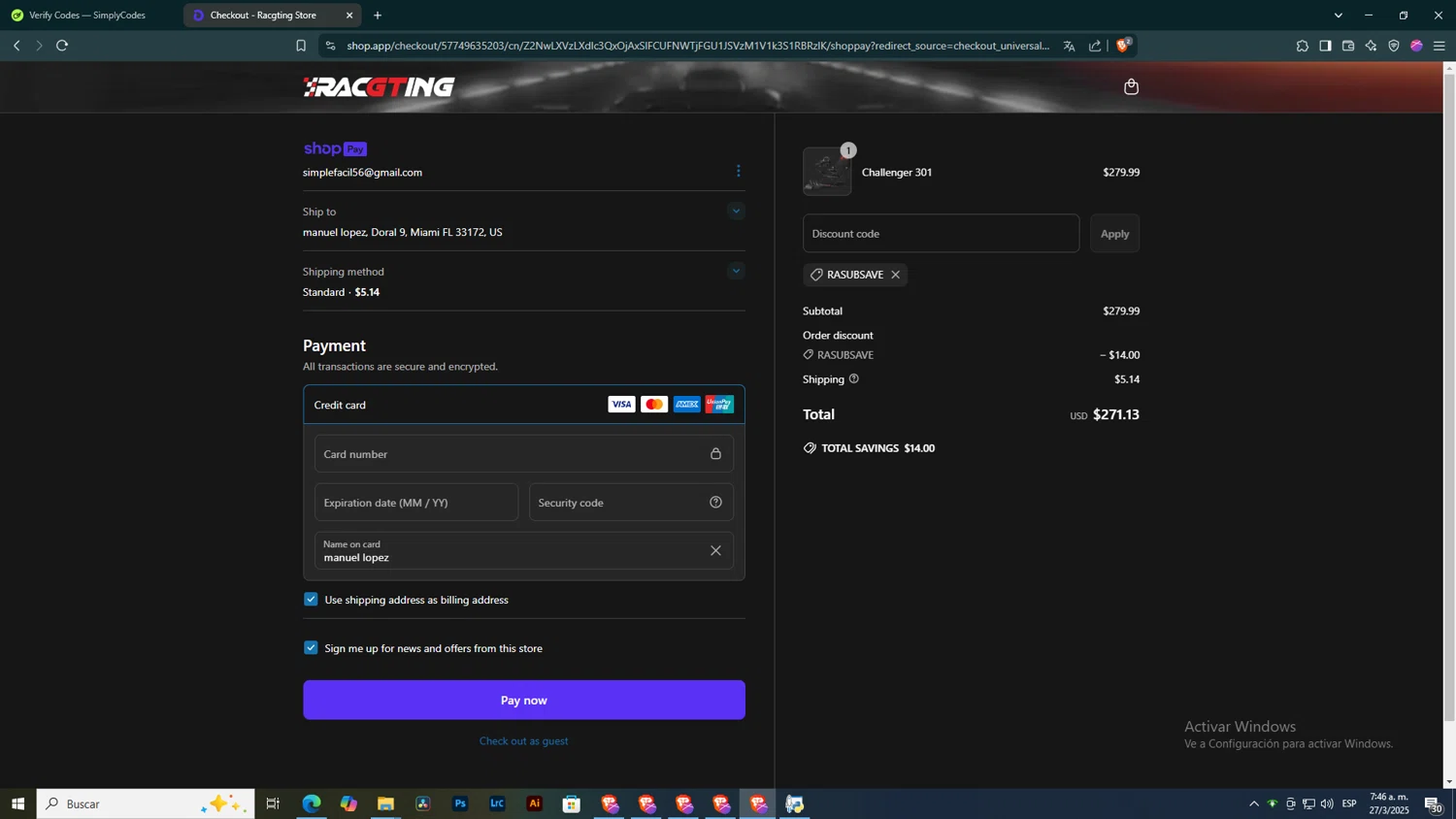 Racgting promo code screenshot showing code RASUBSAVE applied at Racgting checkout page. Uploaded by SimplyCodes community member ELHIJOEMILA on Mar 27, 2025