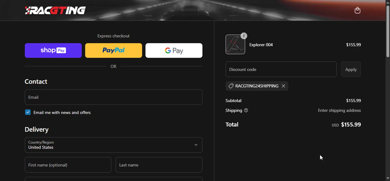 Racgting promo code screenshot showing code RACGTING24SHIPPING applied at Racgting checkout page. Uploaded by SimplyCodes community member Prospecto on Apr 5, 2025