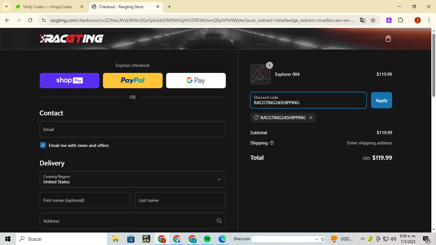 Racgting promo code screenshot showing code RACGTING24SHIPPING applied at Racgting checkout page. Uploaded by SimplyCodes community member FortunatePilot2384 on Mar 7, 2025