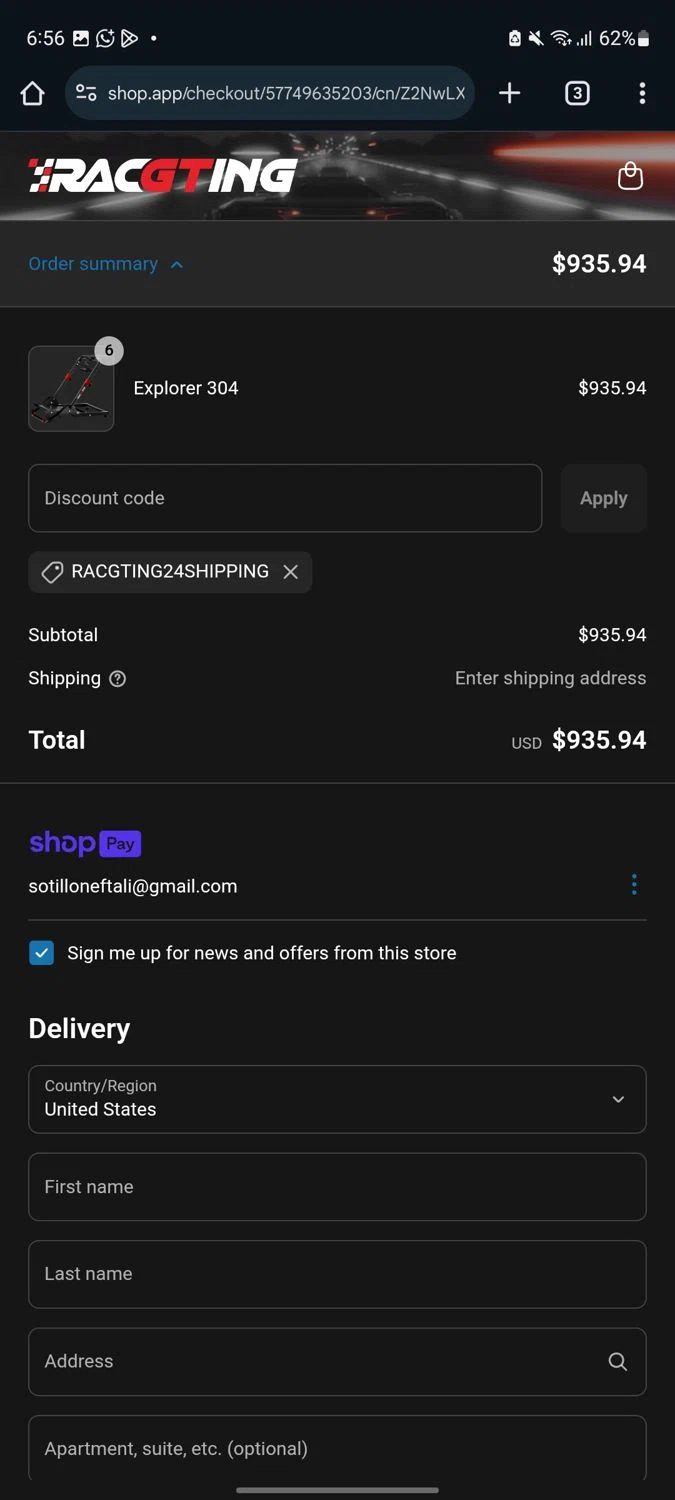 Racgting promo code screenshot showing code RACGTING24SHIPPING applied at Racgting checkout page. Uploaded by SimplyCodes community member neurioandrades on Jun 2, 2025