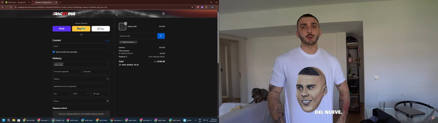 Racgting promo code screenshot showing code SIMPLYCODES10 applied at Racgting checkout page. Uploaded by SimplyCodes community member GloriousPioneer2942 on Oct 18, 2025