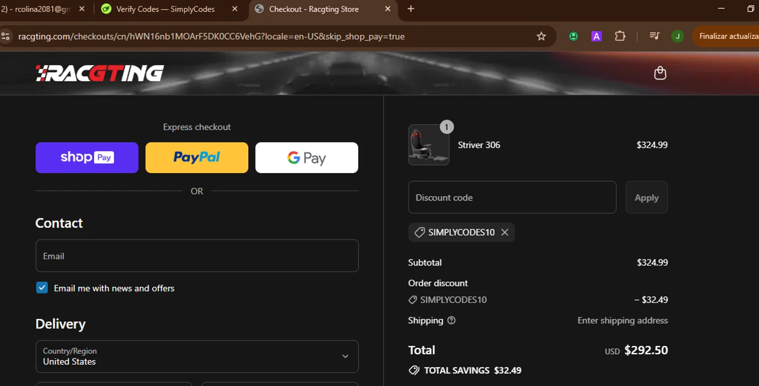 Racgting promo code screenshot showing code SIMPLYCODES10 applied at Racgting checkout page. Uploaded by SimplyCodes community member SnoopDogg on Jul 27, 2025
