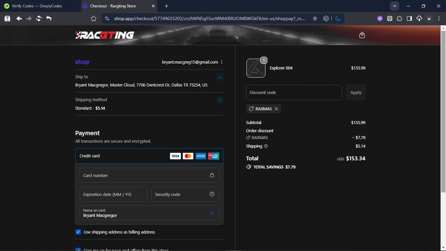 Racgting promo code screenshot showing code RAXMAS applied at Racgting checkout page. Uploaded by SimplyCodes community member BrilliantTitan6909 on Nov 24, 2025