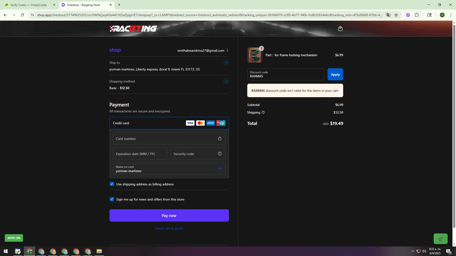 Racgting promo code screenshot showing code RAXMAS applied at Racgting checkout page. Uploaded by SimplyCodes community member MRYORMAN on Sep 8, 2025